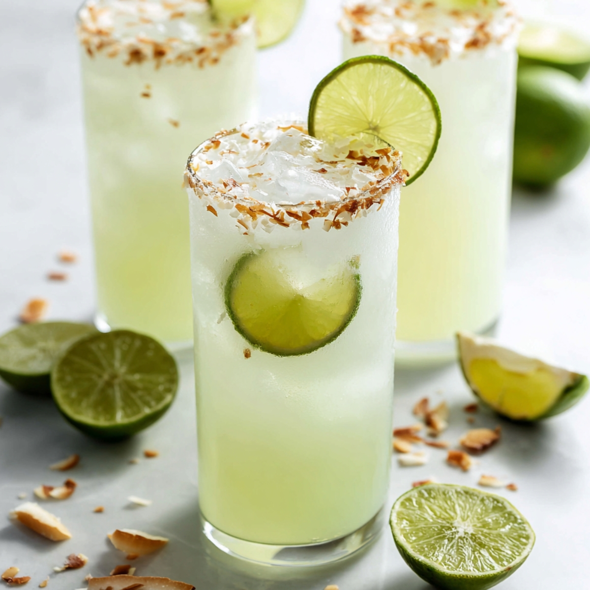 Close-up of coconut lime refresher in a tall glass with toasted coconut flakes rimming the edge, pale green drink filled with ice and fresh lime wheel garnish, surrounded by halved limes and coconut flakes on white marble