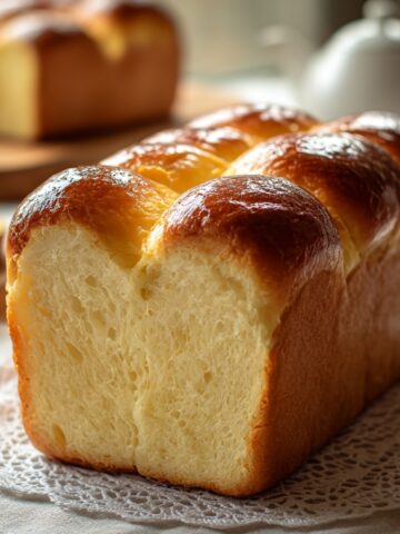 Close-up of a condensed milk bread loaf with shiny golden-brown domed top, torn open to reveal an ultra-soft, pillowy white crumb, resting on a lace doily with a second loaf and tea set blurred in the background