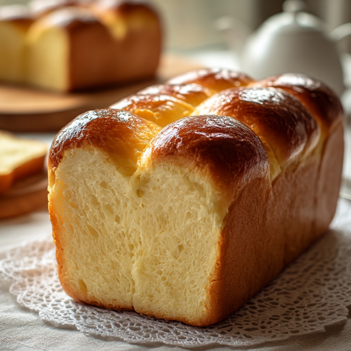 Close-up of a condensed milk bread loaf with shiny golden-brown domed top, torn open to reveal an ultra-soft, pillowy white crumb, resting on a lace doily with a second loaf and tea set blurred in the background