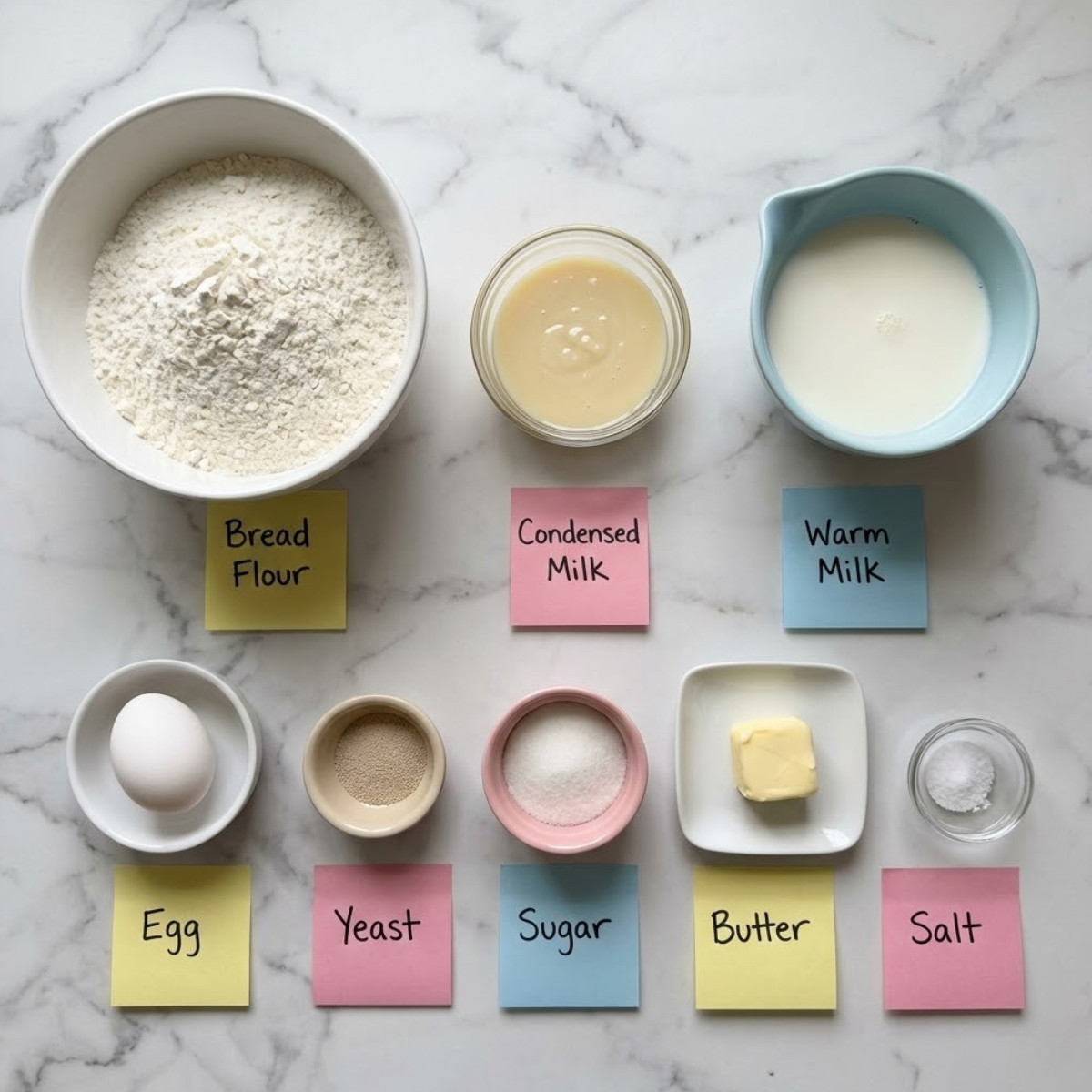 Overhead view of ingredients for condensed milk bread including flour, condensed milk, eggs, and yeast organized in bowls on a marble counter.