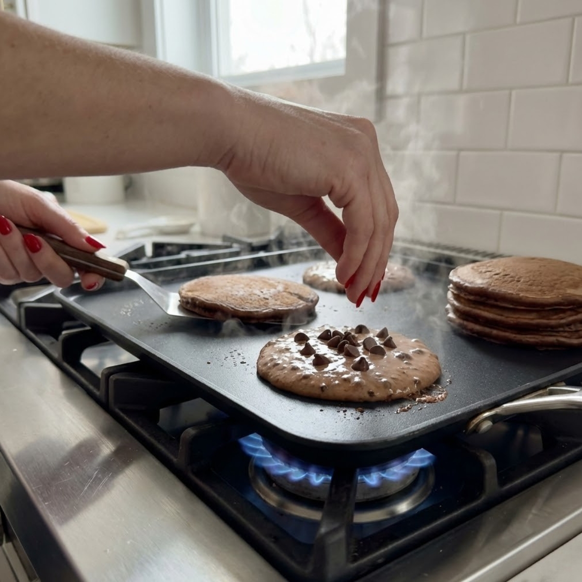 Close-up of chocolate pancakes cooking on a griddle, with a hand sprinkling chocolate chips on one pancake and another being flipped.