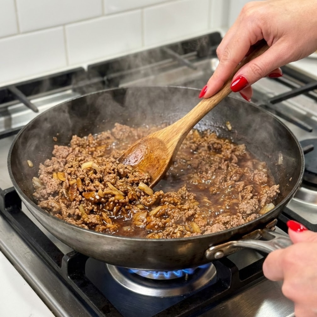 Extreme close-up of hands with red nails stirring seasoned ground beef in a hot skillet on a gas stove.