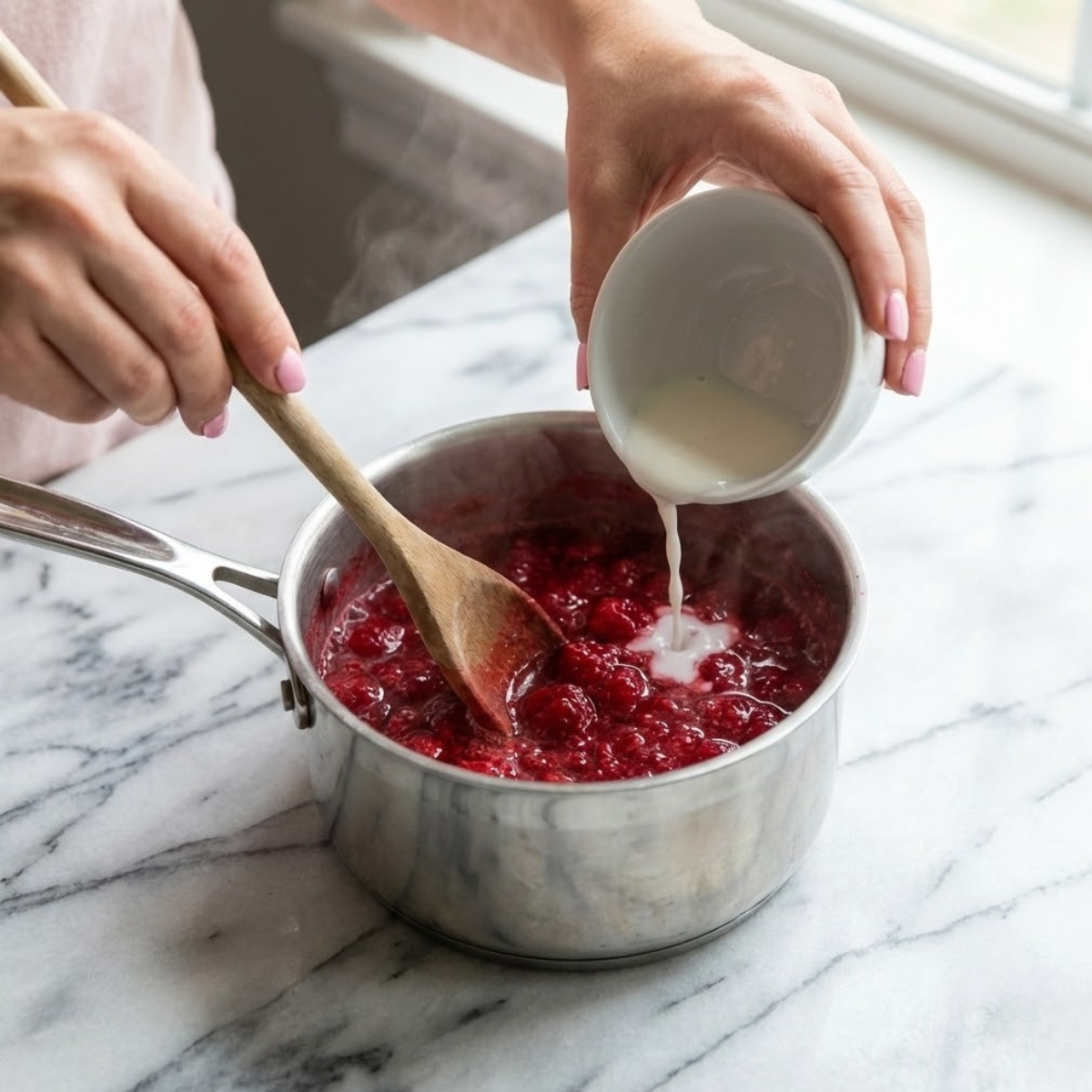 Close up action shot of stirring raspberries and sugar in a saucepan to make a fruit filling.