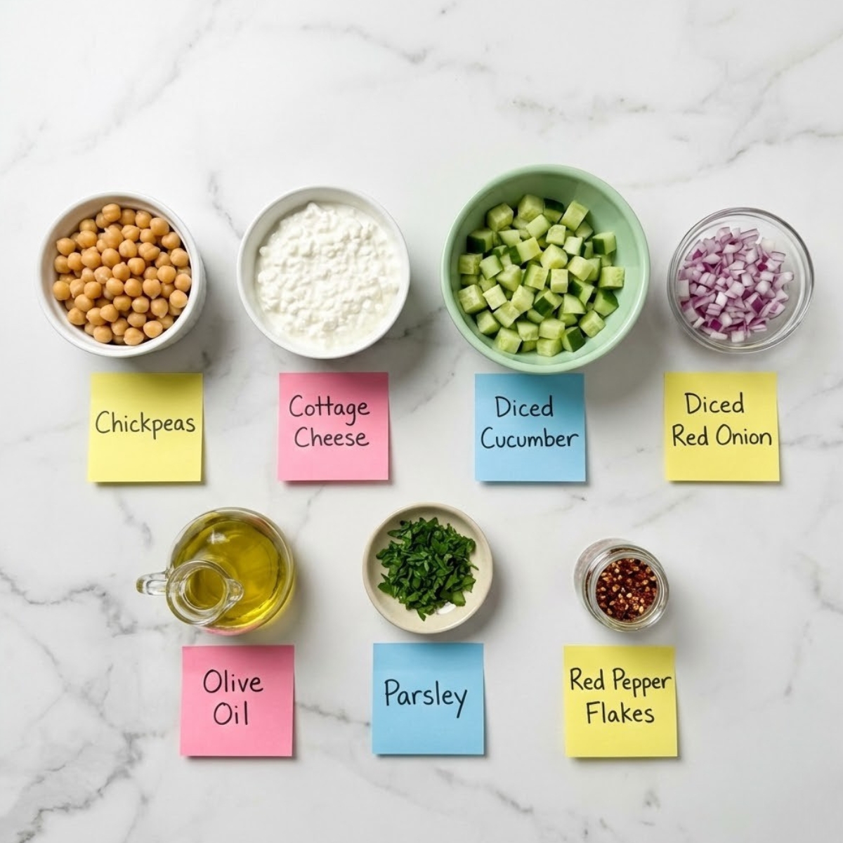 Overhead view of salad ingredients including cottage cheese, chickpeas, cucumber, and onion organized in bowls with sticky note labels on a marble counter.