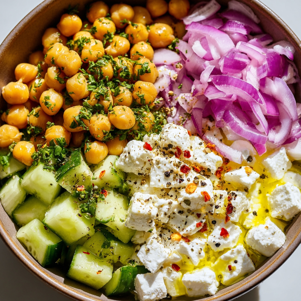 Mediterranean-style cottage cheese chickpea salad in a ceramic bowl with distinct sections: herb-coated chickpeas, diced cucumbers, cubed cottage cheese drizzled with olive oil and seasonings, and thinly sliced purple onions
