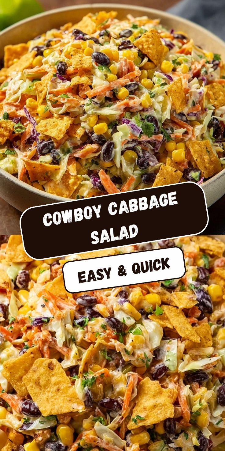 Cowboy cabbage salad in large white bowl with shredded green and purple cabbage, black beans, sweet corn, crushed tortilla chips, shredded carrots, and fresh cilantro in creamy southwest dressing
