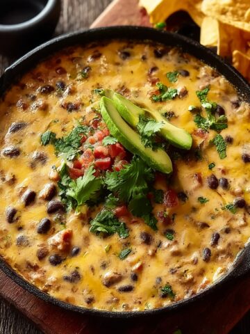Cowboy queso in black cast iron skillet on wooden board, featuring creamy melted cheese with black beans and ground beef, garnished with fresh cilantro, diced tomatoes, and avocado slices, with tortilla chips on the side