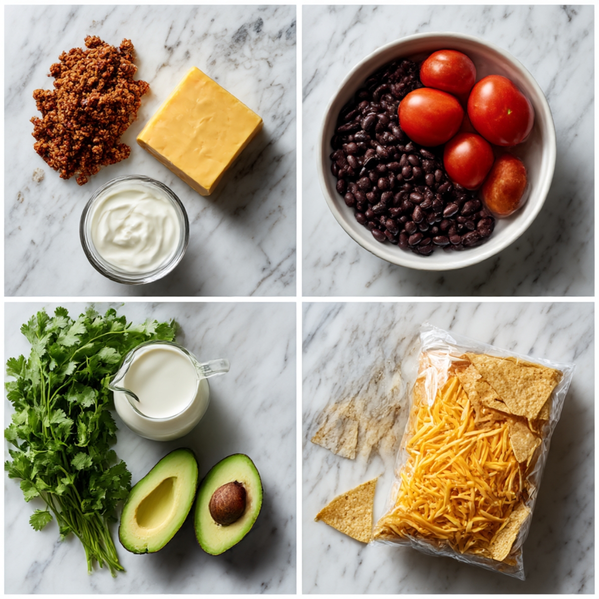 Ingredients for Cowboy Queso arranged in a 4-panel flat lay on a white marble kitchen counter.