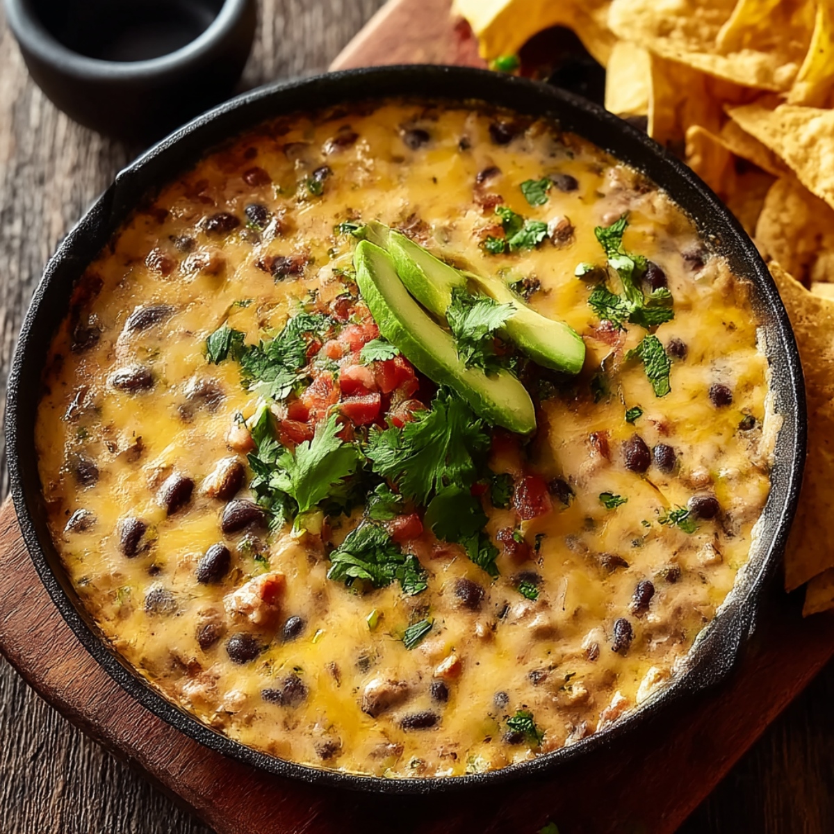 Cowboy queso in black cast iron skillet on wooden board, featuring creamy melted cheese with black beans and ground beef, garnished with fresh cilantro, diced tomatoes, and avocado slices, with tortilla chips on the side