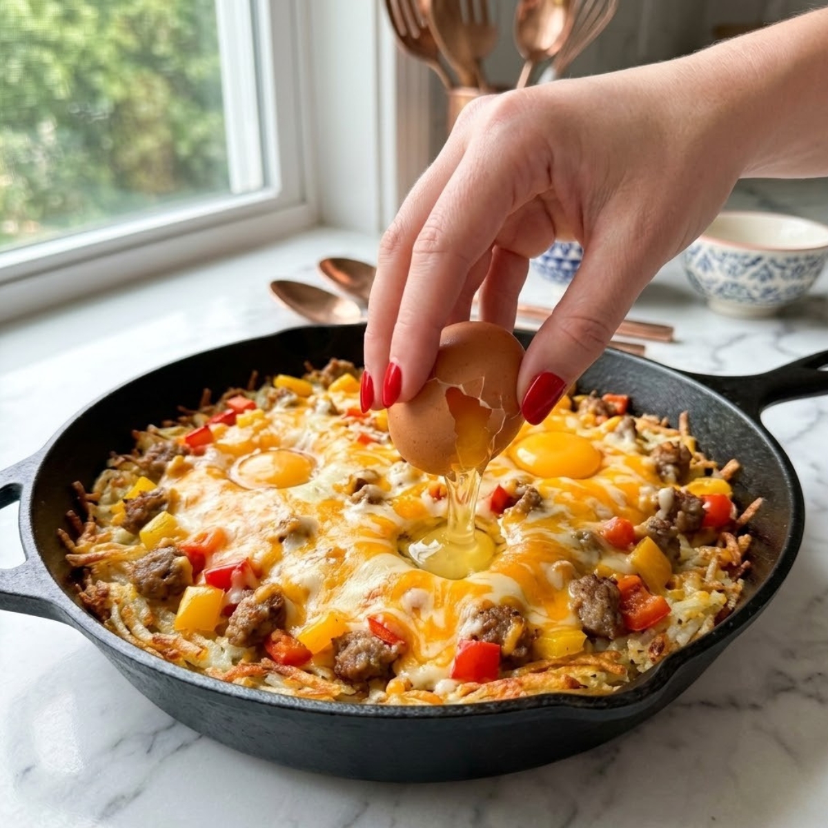Close-up of a young woman's hand with classic red nails gently cracking a fresh egg onto a loaded breakfast pizza in a skillet on a white marble kitchen counter, featuring golden hash browns, melted cheese, sausage, and diced peppers.