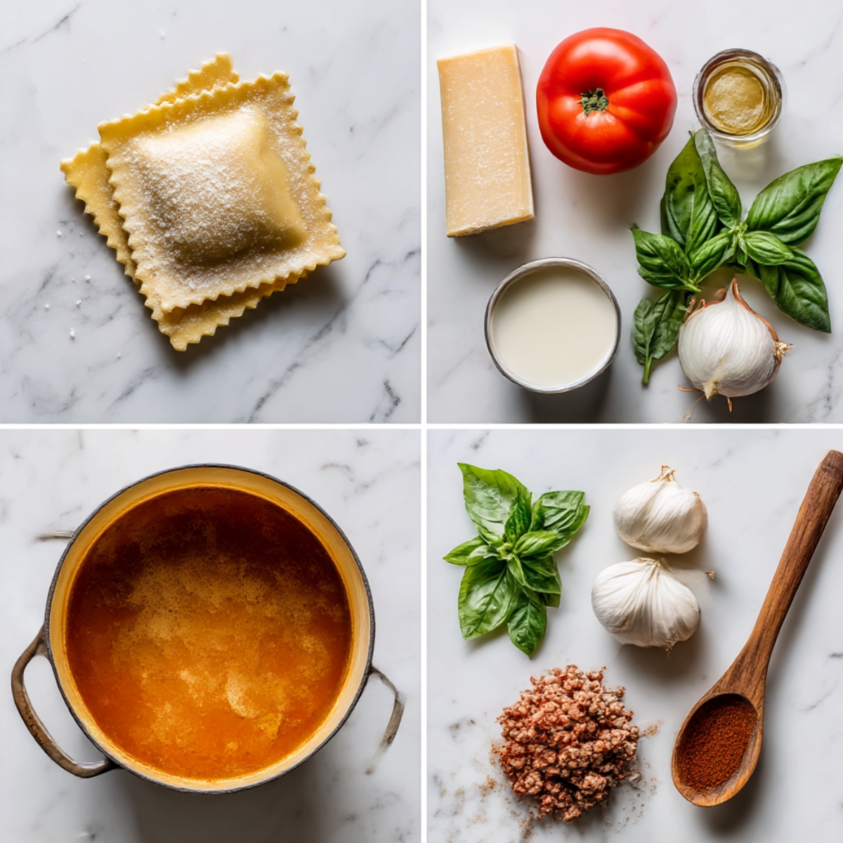 Ingredients for Creamy Tuscan Ravioli Soup arranged in a 4-panel flat lay on a white marble kitchen counter.