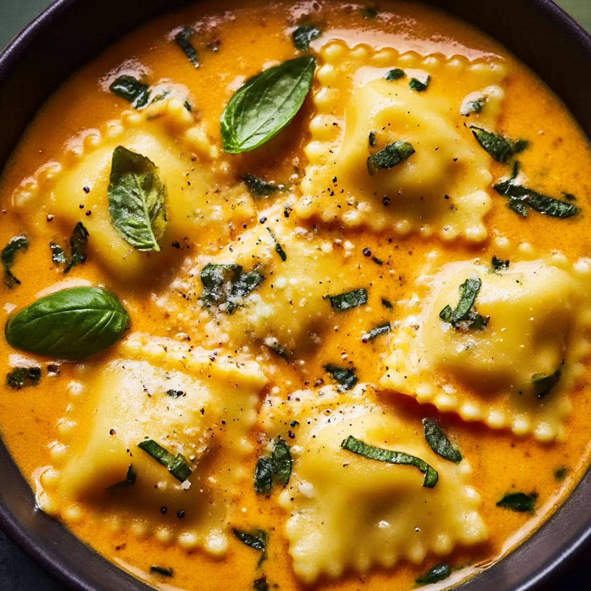 Creamy Tuscan ravioli soup in dark bowl with cheese ravioli in rich orange tomato cream broth, garnished with fresh basil leaves, chopped basil, grated Parmesan cheese, and cracked black pepper, warm golden lighting