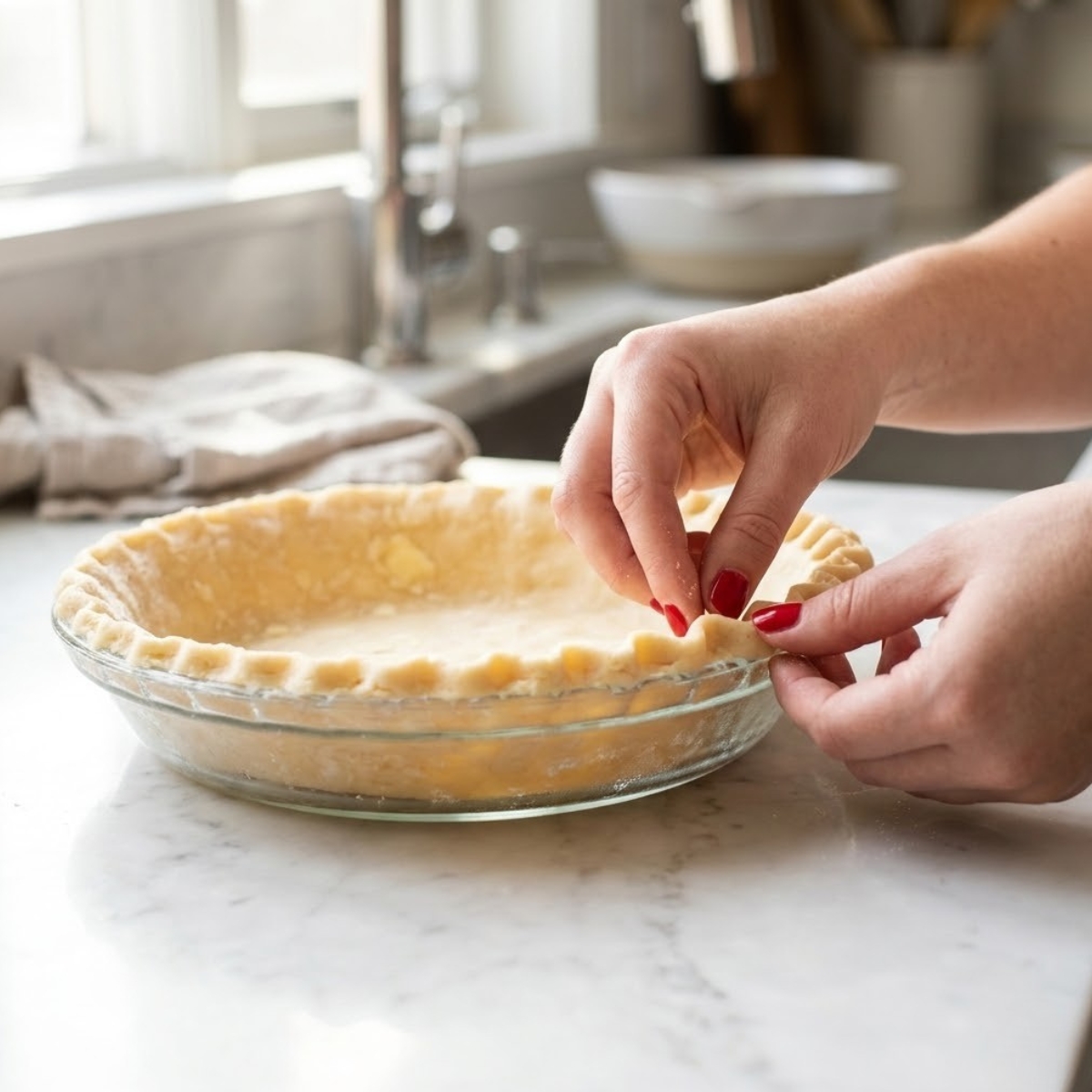 Close-up of a young woman's hands with classic red nails carefully crimping the edges of a flaky pie crust in a glass pie dish on a white marble counter.