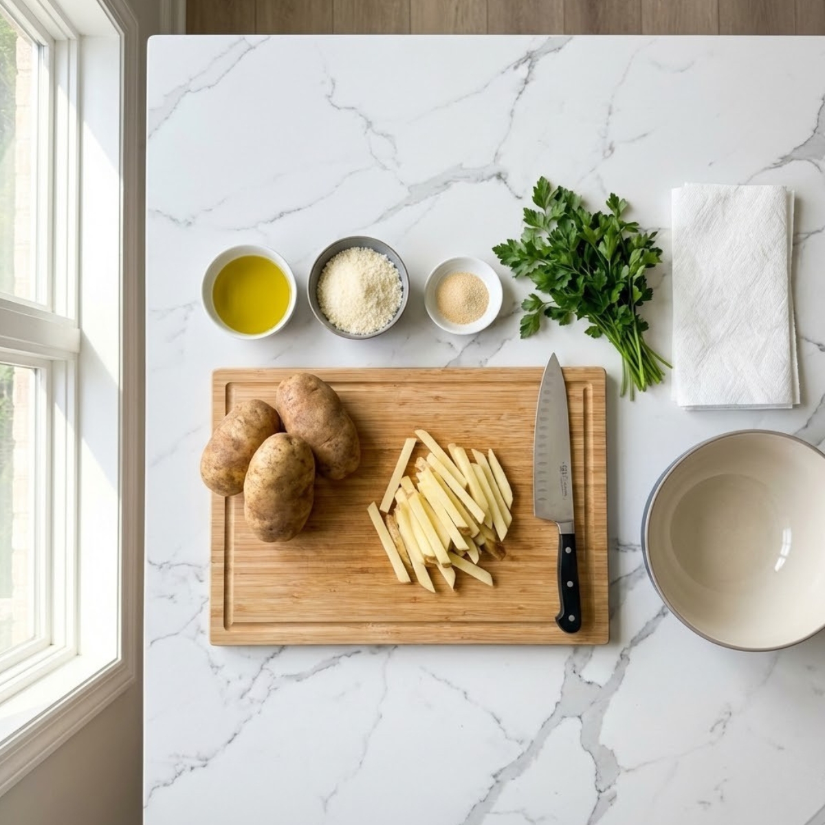 Overhead view of ingredients for garlic Parmesan fries including potatoes, olive oil, Parmesan, garlic powder, and parsley organized on a white marble counter without hands.