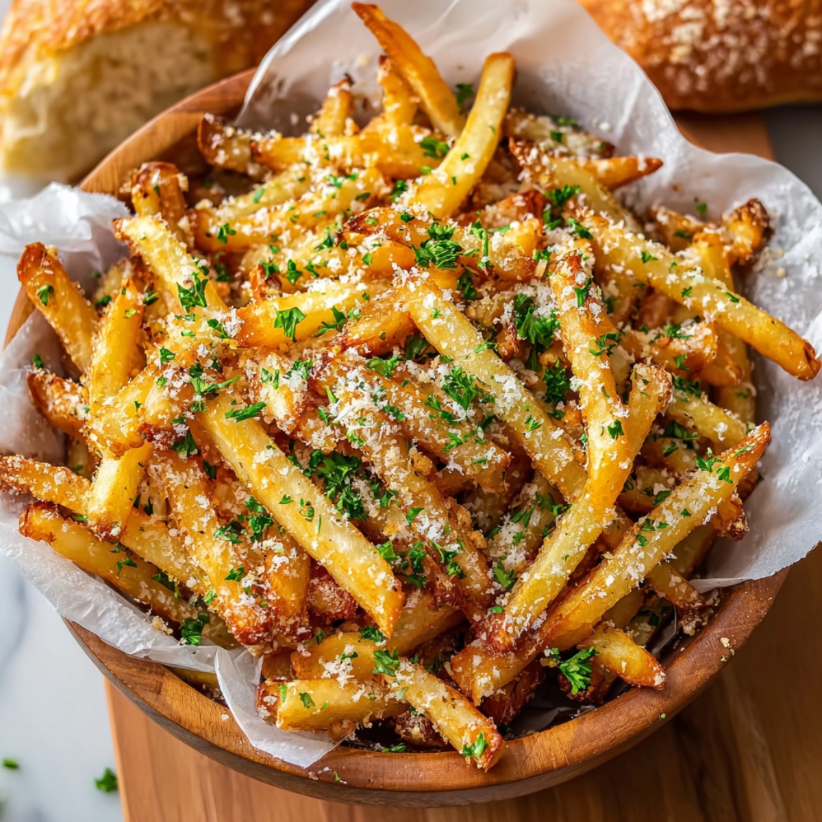 A wooden bowl lined with parchment paper filled with crispy air fryer french fries topped with grated parmesan cheese and chopped fresh parsley, with rustic bread loaves blurred in the background.