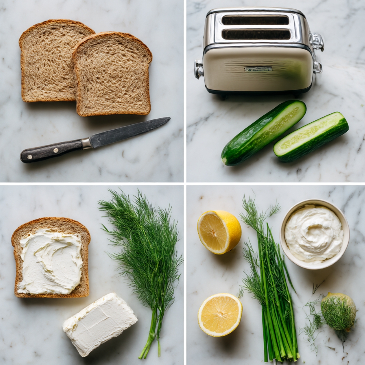 Ingredients for Cucumber Salad Sandwiches arranged in a 4-panel flat lay on a white marble kitchen counter.