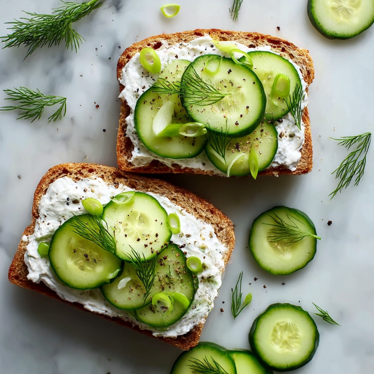 Two open-faced cucumber sandwiches on toasted whole wheat bread spread with herbed cream cheese, topped with thin cucumber slices, fresh dill, sliced green onions, and black pepper on a white marble surface