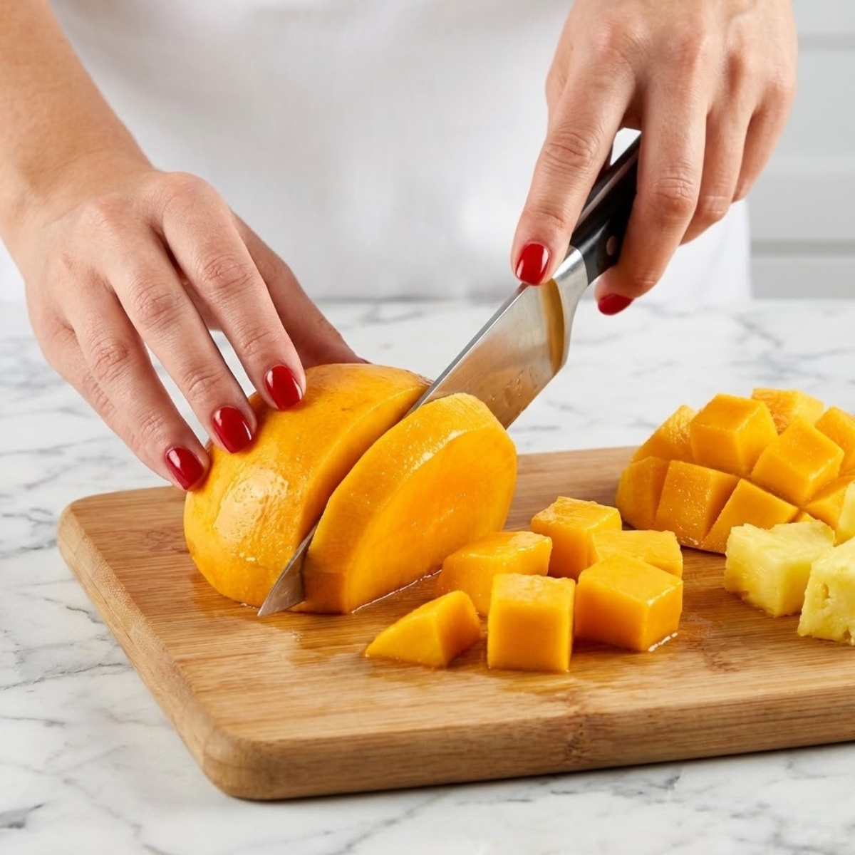 Extreme close-up of hands with red nails cutting fresh mango into cubes on a cutting board.