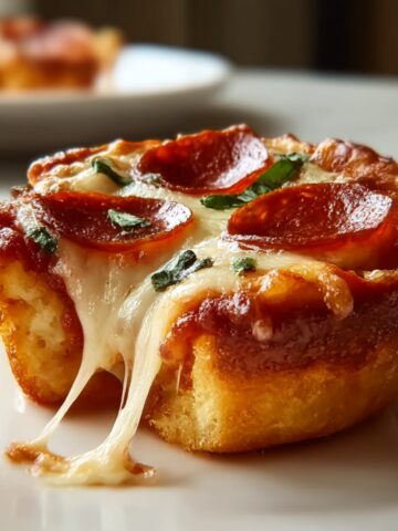 Close-up of a mini deep-dish crescent roll pizza with a golden, flaky crust filled with pizza sauce, melted mozzarella stretching as it’s cut, topped with pepperoni slices and fresh basil on a white plate.