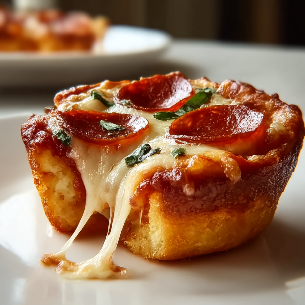Close-up of a mini deep-dish crescent roll pizza with a golden, flaky crust filled with pizza sauce, melted mozzarella stretching as it’s cut, topped with pepperoni slices and fresh basil on a white plate.