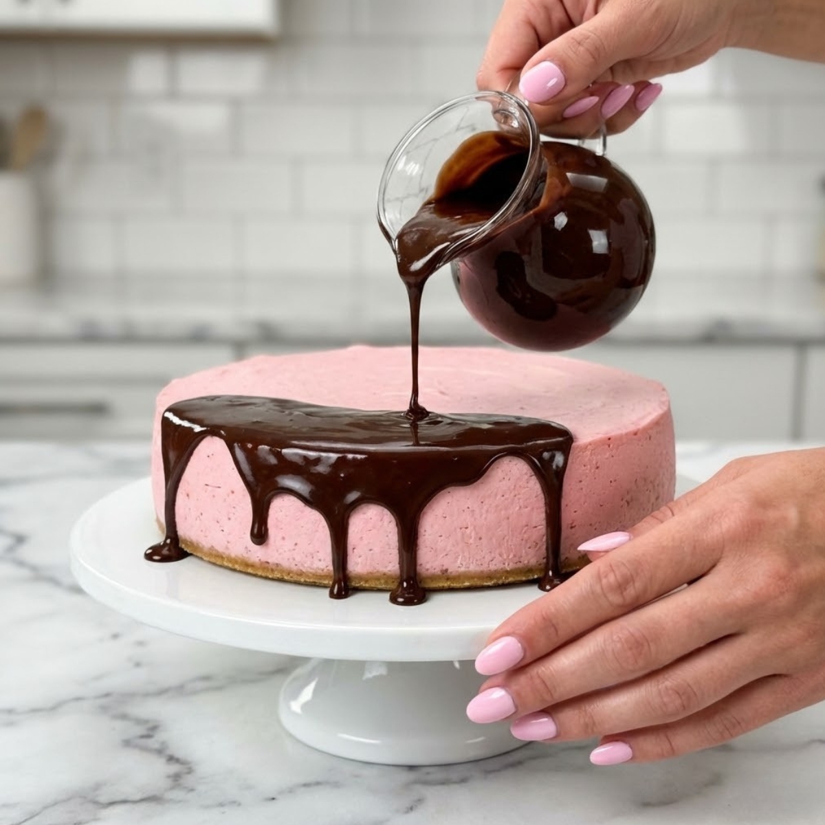 Close-up of hands drizzling glossy chocolate ganache over a chilled strawberry cheesecake on a marble counter.