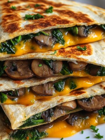 Stack of baked spinach mushroom quesadillas with crispy golden-brown flour tortillas, melted sharp cheddar cheese oozing from sides, layers of sautéed mushroom slices and wilted dark green spinach, garnished with fresh parsley, on white plate with soft-focus background
