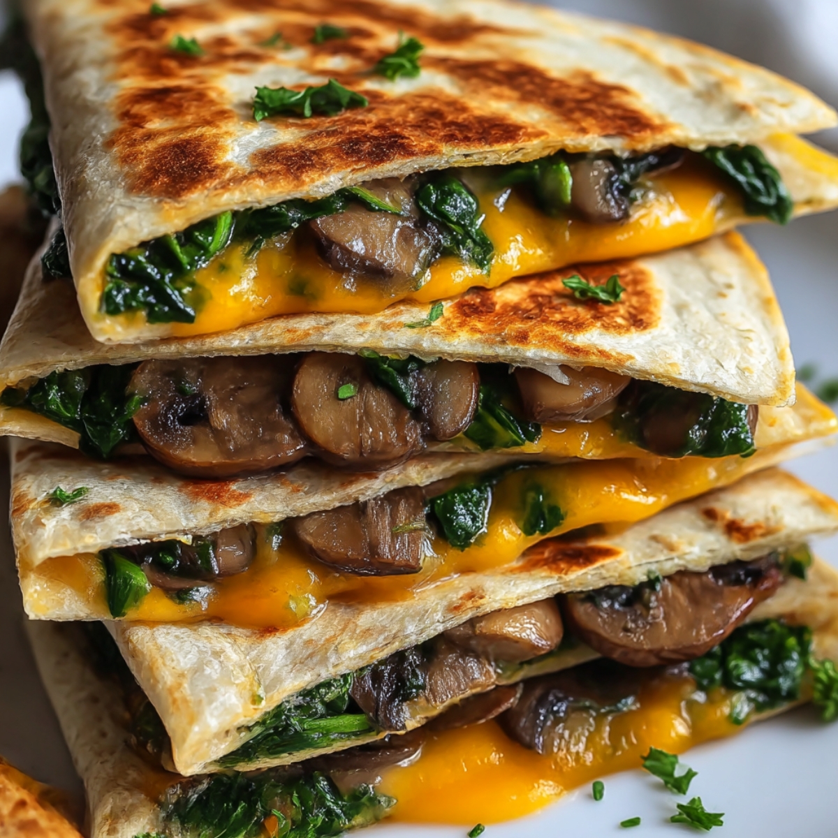 Stack of baked spinach mushroom quesadillas with crispy golden-brown flour tortillas, melted sharp cheddar cheese oozing from sides, layers of sautéed mushroom slices and wilted dark green spinach, garnished with fresh parsley, on white plate with soft-focus background
