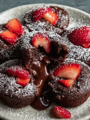 Easy Berry Chocolate Lava Bites arranged on a speckled white ceramic plate, showing four individual molten chocolate lava cakes generously dusted with powdered sugar, topped with fresh sliced strawberries, with warm molten chocolate center flowing out onto the plate