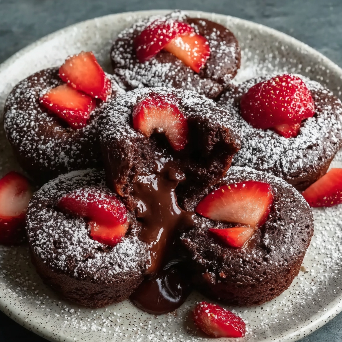 Easy Berry Chocolate Lava Bites arranged on a speckled white ceramic plate, showing four individual molten chocolate lava cakes generously dusted with powdered sugar, topped with fresh sliced strawberries, with warm molten chocolate center flowing out onto the plate