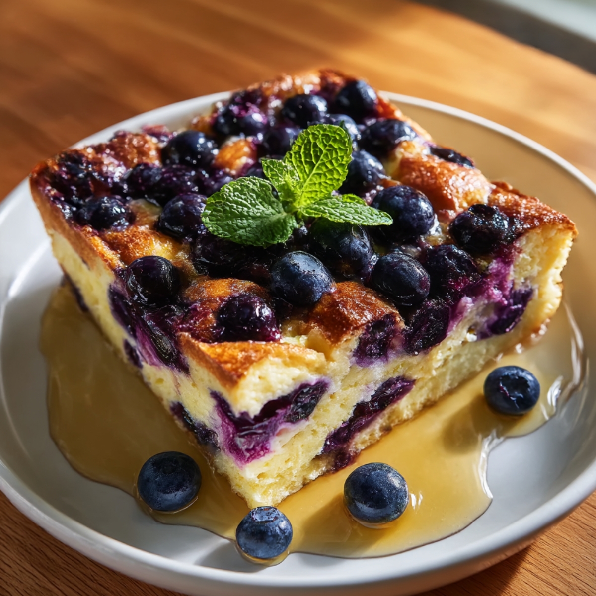 Thick slice of blueberry French toast casserole on a white plate with maple syrup, showing layers of custard-soaked bread with pockets of blueberries, topped with fresh blueberries and mint