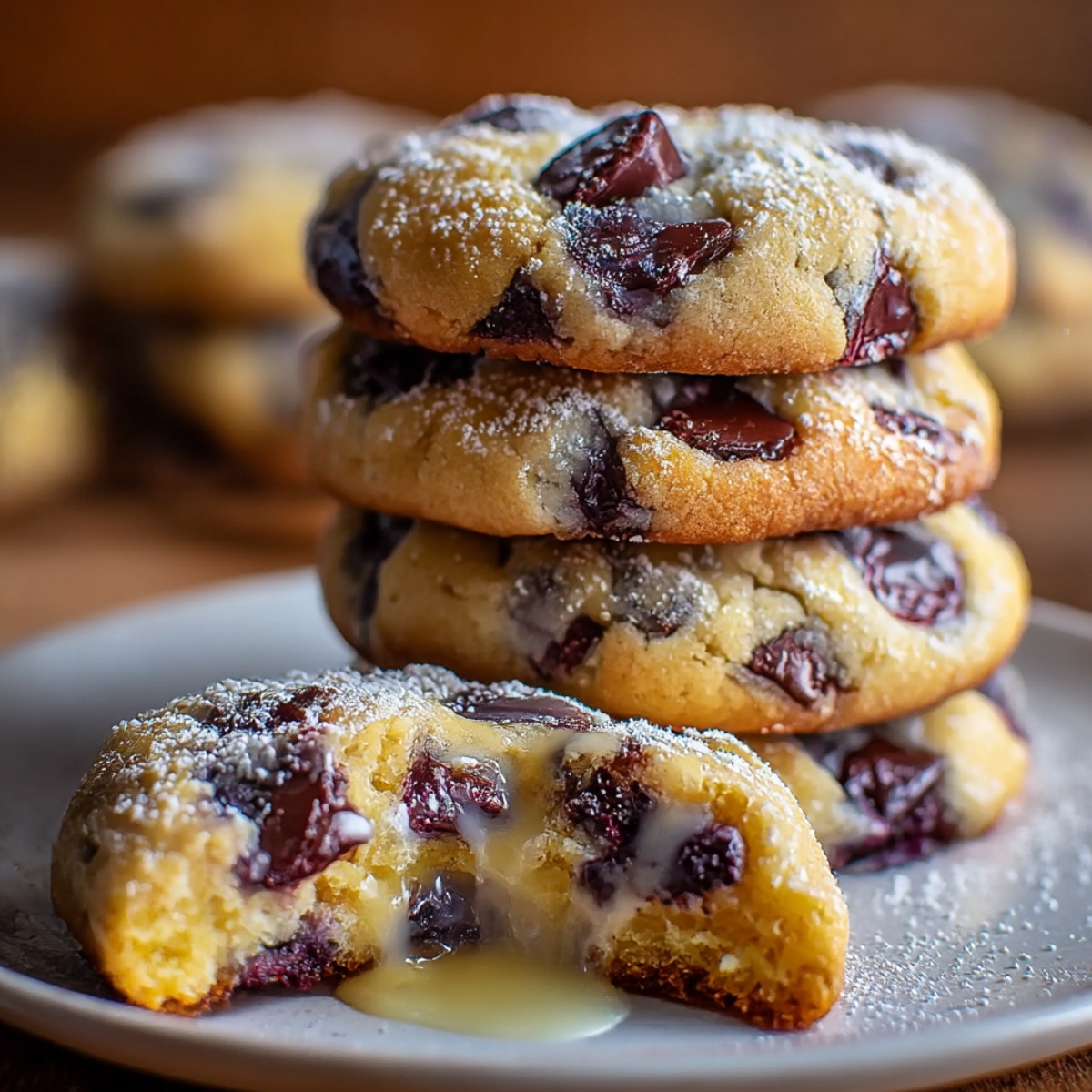 Stack of three blueberry lemon cookies dusted with powdered sugar on white plate, with one cookie broken in half in foreground showing lemon glaze dripping onto plate, studded with blueberries throughout golden cookie dough, additional cookies blurred in background