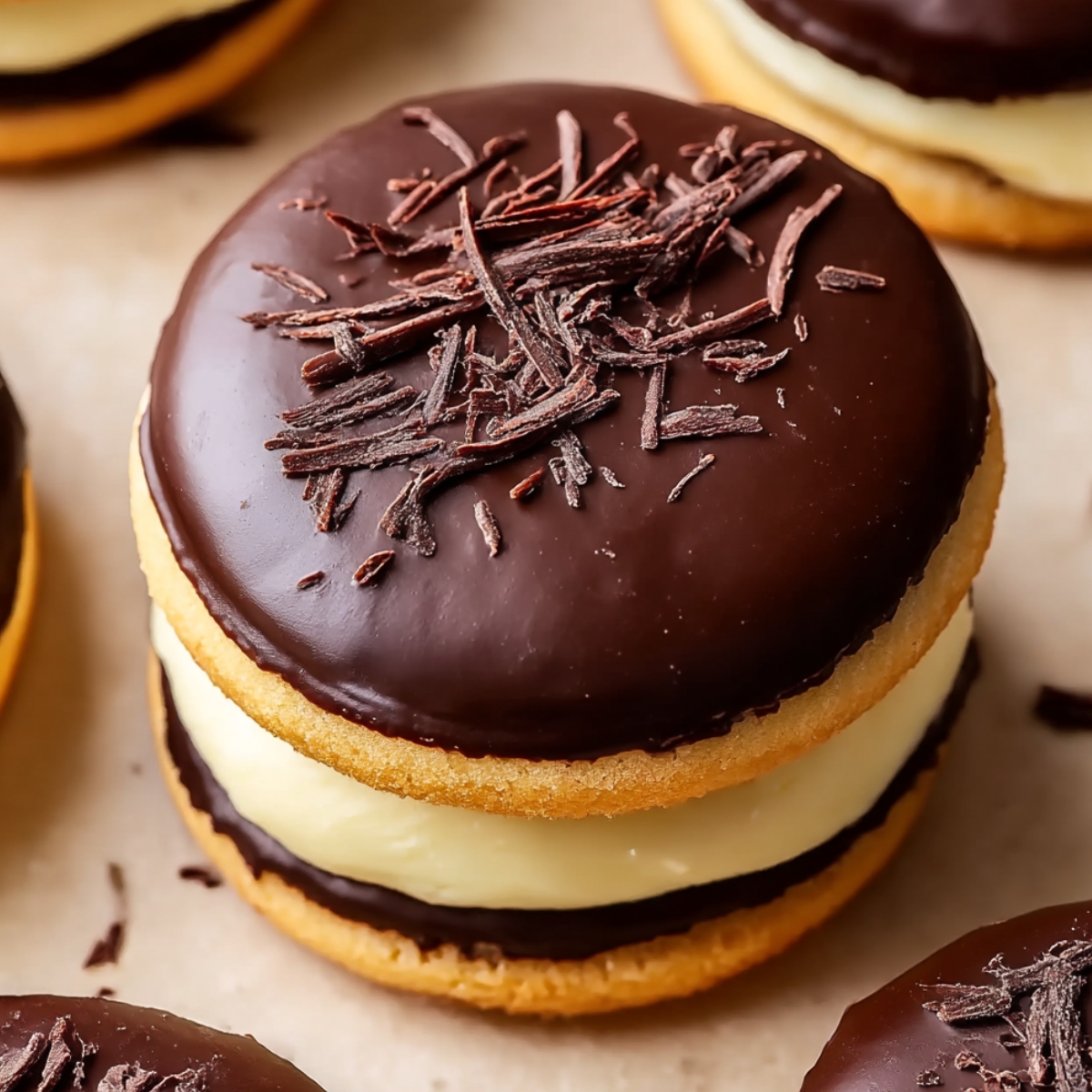 Close-up of Boston cream pie cookie on cream surface with golden sugar cookie base, thick vanilla pastry cream center layer, glossy dark chocolate ganache top, and dark chocolate shavings garnish, additional cookies softly blurred in background, scattered chocolate shavings on surface