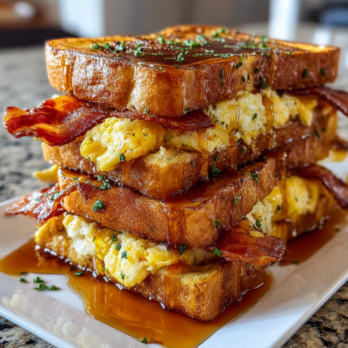 Four-layer stack of bourbon maple bacon stuffed French toast on white plate with caramelized thick-cut brioche bread, creamy scrambled eggs with fresh herbs, crispy candied bacon, bourbon maple syrup cascading down sides and pooling on plate, garnished with chopped fresh parsley, granite countertop, soft-focus white coffee cup in background