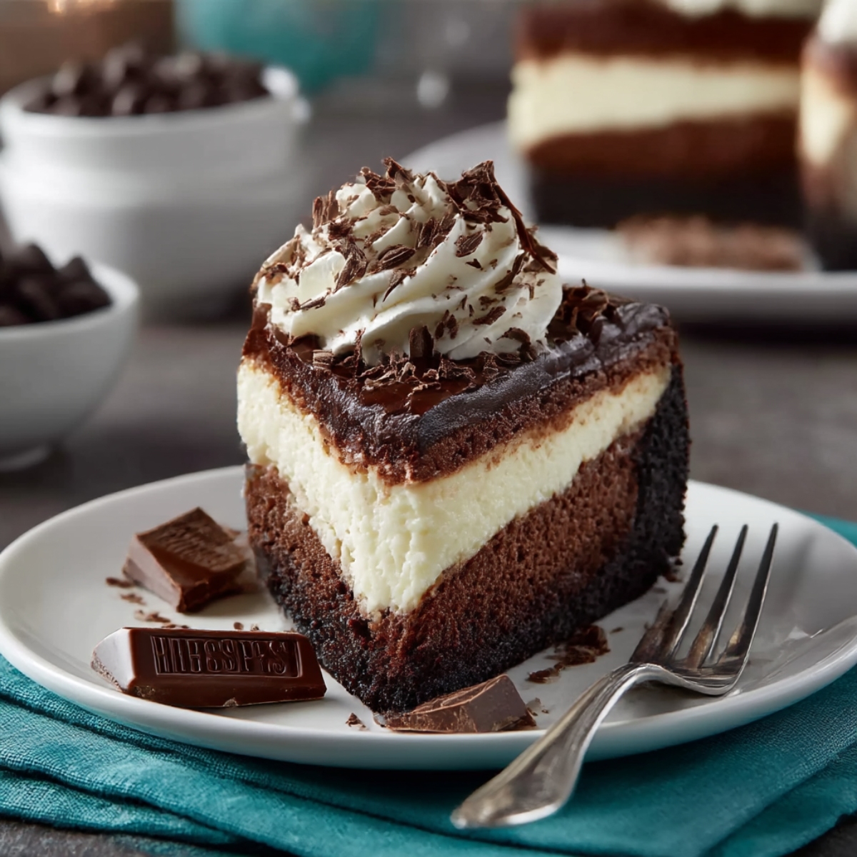 Individual slice of brownie bottom cheesecake on white plate with fudgy chocolate brownie base, thick vanilla cheesecake layer, chocolate ganache topping, whipped cream rosettes, and chocolate shavings, garnished with Hershey's chocolate pieces, fork beside slice, whole cake blurred in background, bowl of chocolate chips visible
