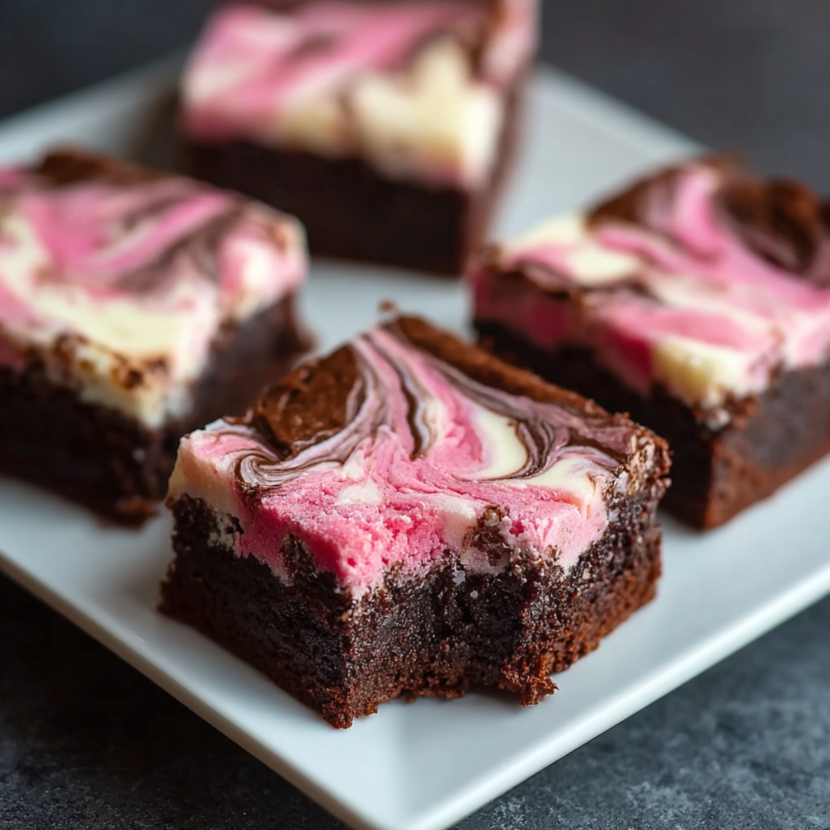 Easy Cheesecake Brownies displayed on a white square plate, featuring thick fudgy chocolate brownie bars topped with swirled pink, white, and chocolate cheesecake in a beautiful marbled design, with one brownie in focus in the foreground and others artfully blurred in the background