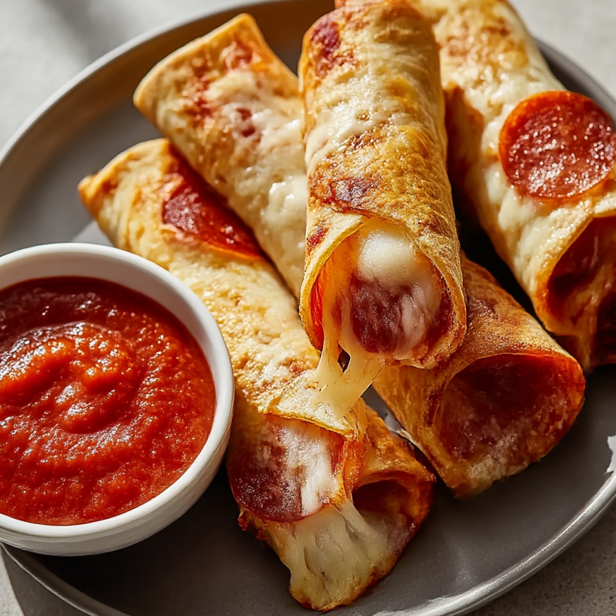 Close-up of golden-brown pizza rolls stuffed with pepperoni and stretchy melted cheese, arranged on a gray plate with a small white bowl of marinara sauce
