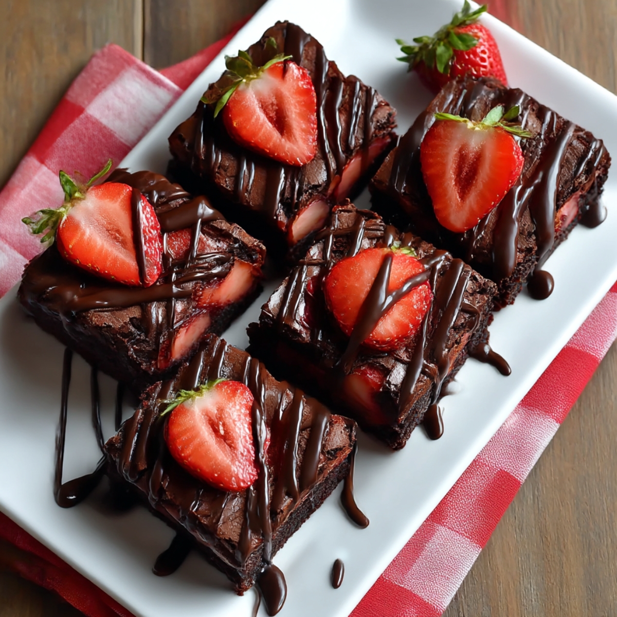 Five chocolate brownies topped with sliced fresh strawberries and drizzled with dark chocolate, arranged on white rectangular plate with red and pink ombre striped napkin on wooden surface