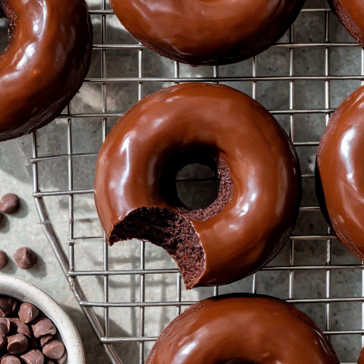 Overhead view of chocolate protein donuts with a glossy chocolate glaze on a cooling rack, one donut with a bite missing, and scattered chocolate chips in a small bowl nearby.