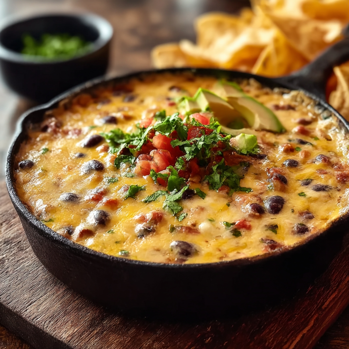 Cowboy queso in cast iron skillet on wooden surface with bubbling melted cheese, black beans, and ground beef, topped with fresh cilantro, diced tomatoes, and avocado slices, with tortilla chips and cilantro bowl in background
