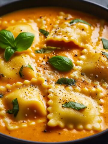 Creamy Tuscan ravioli soup in dark bowl with cheese-filled ravioli in vibrant orange tomato cream broth, garnished with whole and torn fresh basil leaves, grated Parmesan cheese, and freshly cracked black pepper, green napkin softly blurred in background, dark gray surface
