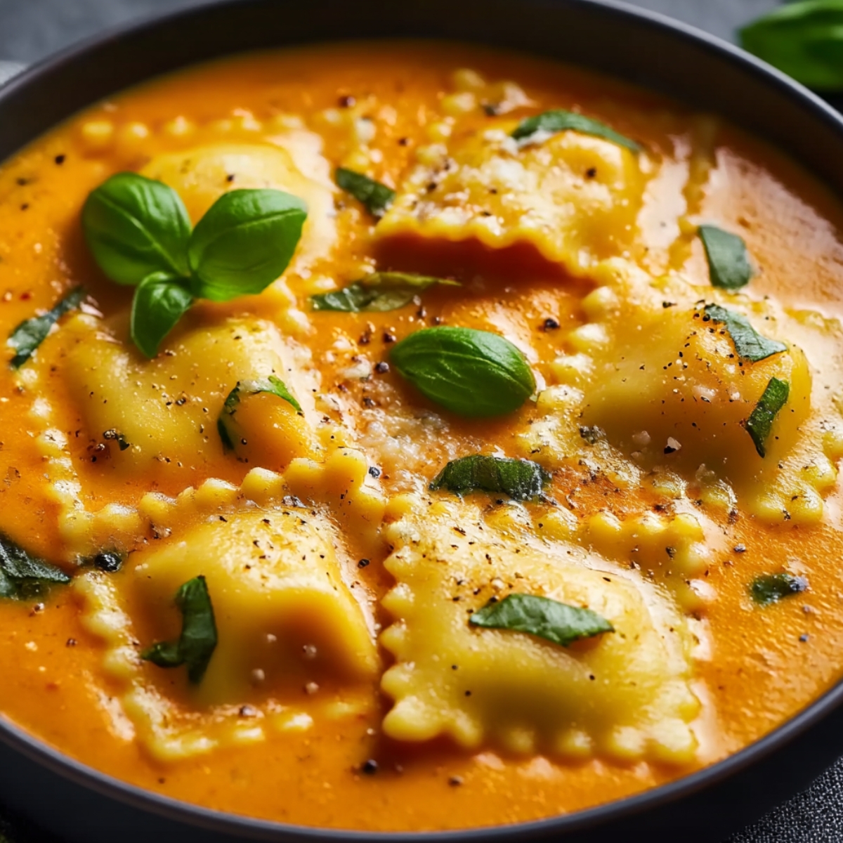 Creamy Tuscan ravioli soup in dark bowl with cheese-filled ravioli in vibrant orange tomato cream broth, garnished with whole and torn fresh basil leaves, grated Parmesan cheese, and freshly cracked black pepper, green napkin softly blurred in background, dark gray surface