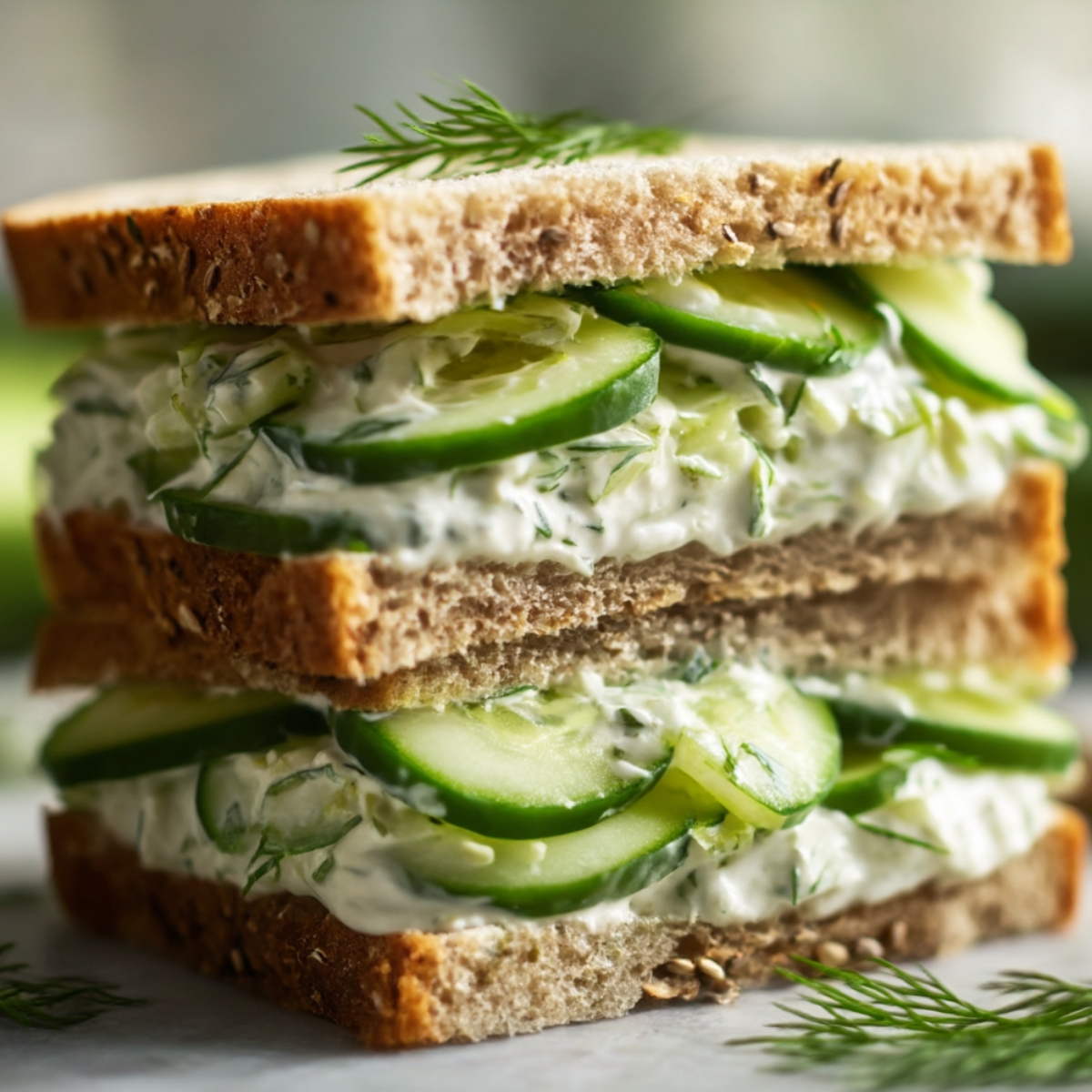 Stacked cucumber sandwiches on whole grain bread with herbed cream cheese, fresh cucumber slices, and dill, shown in close-up with dill sprigs as garnish
