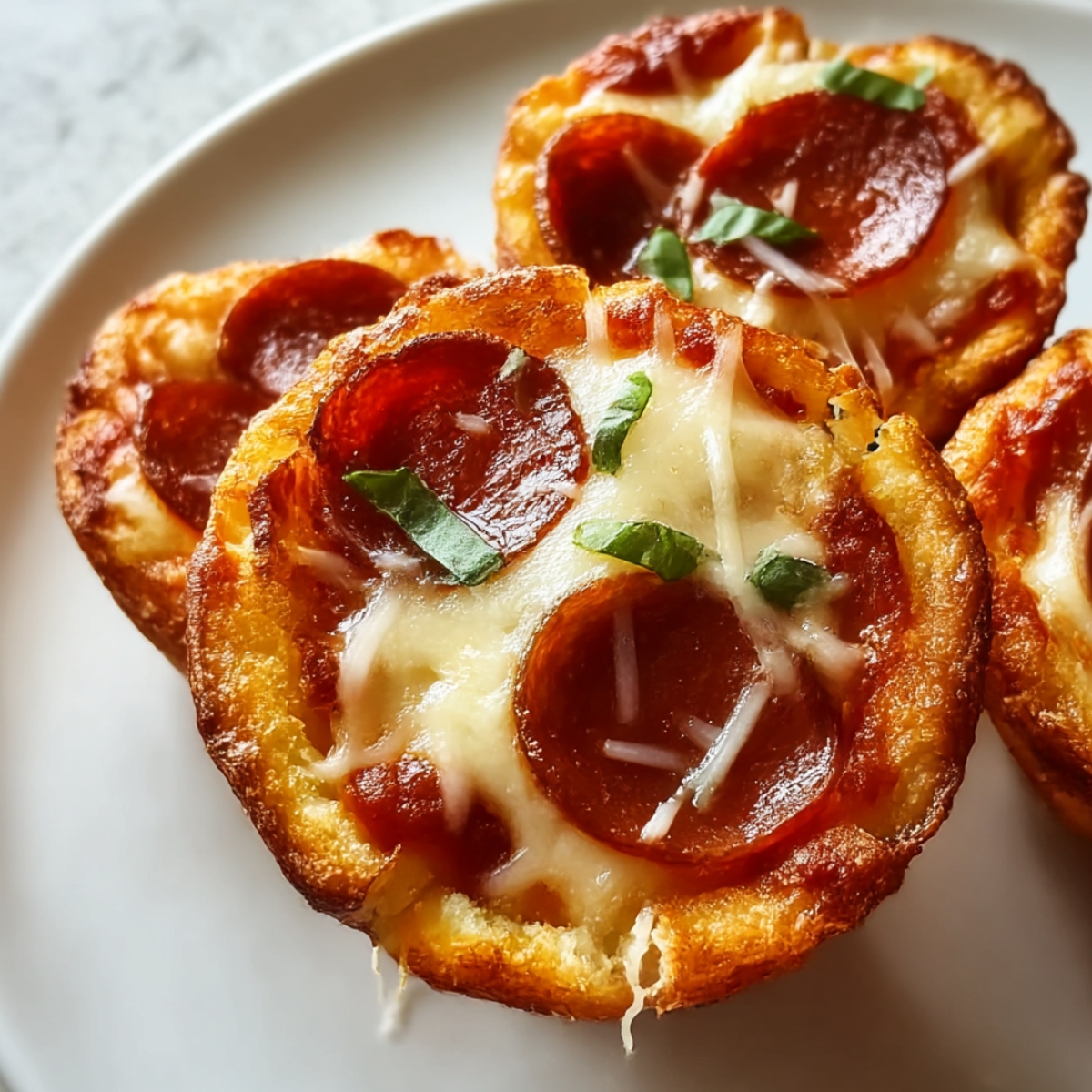 Mini deep-dish crescent roll pizzas with golden, crispy edges, topped with melted mozzarella, pepperoni slices, and fresh basil, arranged on a white plate in a close-up view.