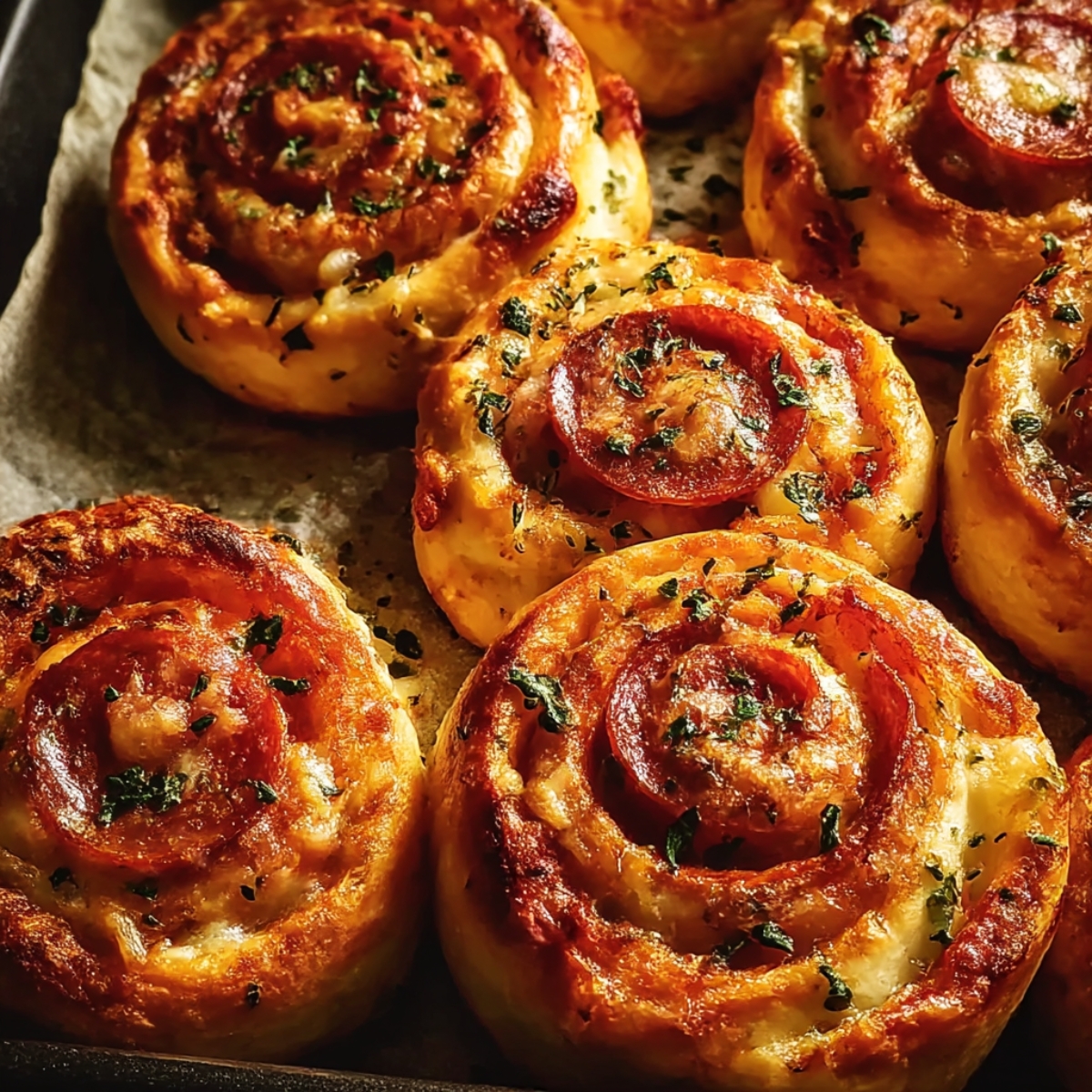Close-up of golden flaky pepperoni pizza rolls arranged on dark baking sheet with parchment paper, showing spiral layers of pastry filled with melted cheese, tomato sauce, and pepperoni, sprinkled with Italian herbs, warm lighting highlighting crispy texture