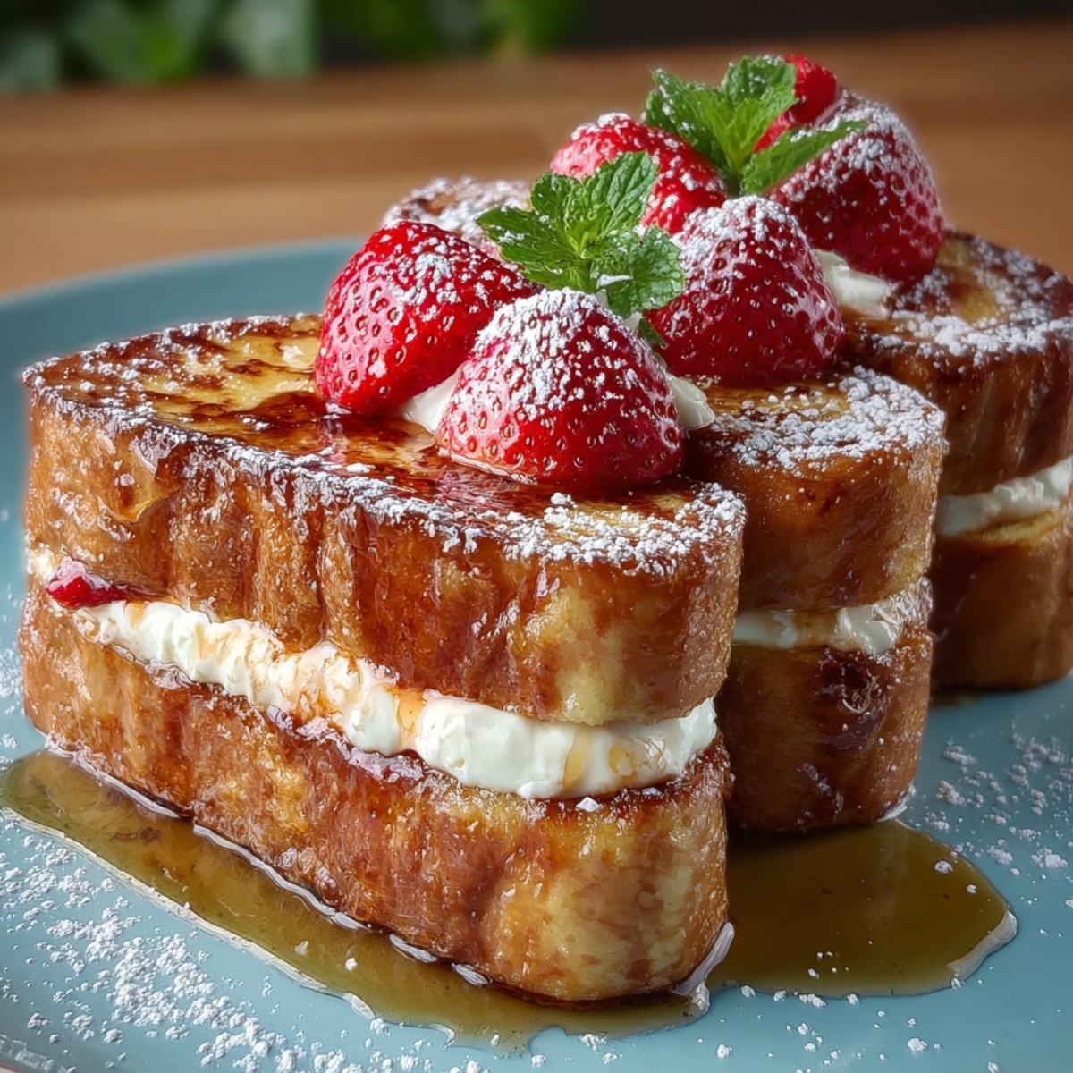 Easy Hawaiian Roll French Toast served on a turquoise plate, featuring two stacks of golden-brown Hawaiian sweet rolls with cream cheese filling between layers, dusted with powdered sugar, topped with fresh strawberries and mint leaves, sitting in a pool of maple syrup