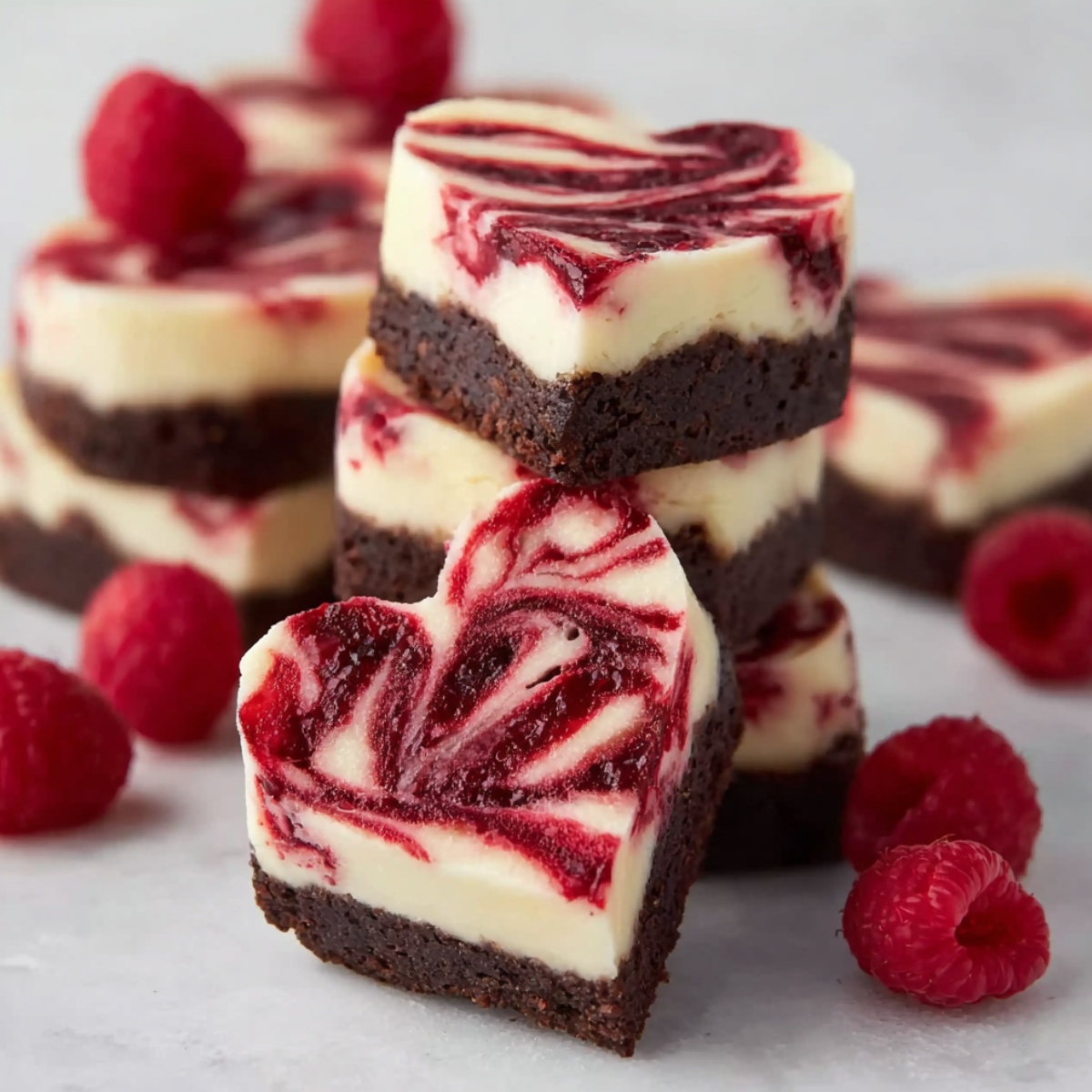 Easy Heart Shaped Brownies stacked to show layers, featuring thick fudgy chocolate brownie base topped with creamy white cheesecake layer swirled with raspberry in a decorative marbled pattern, cut into heart shapes and surrounded by fresh raspberries