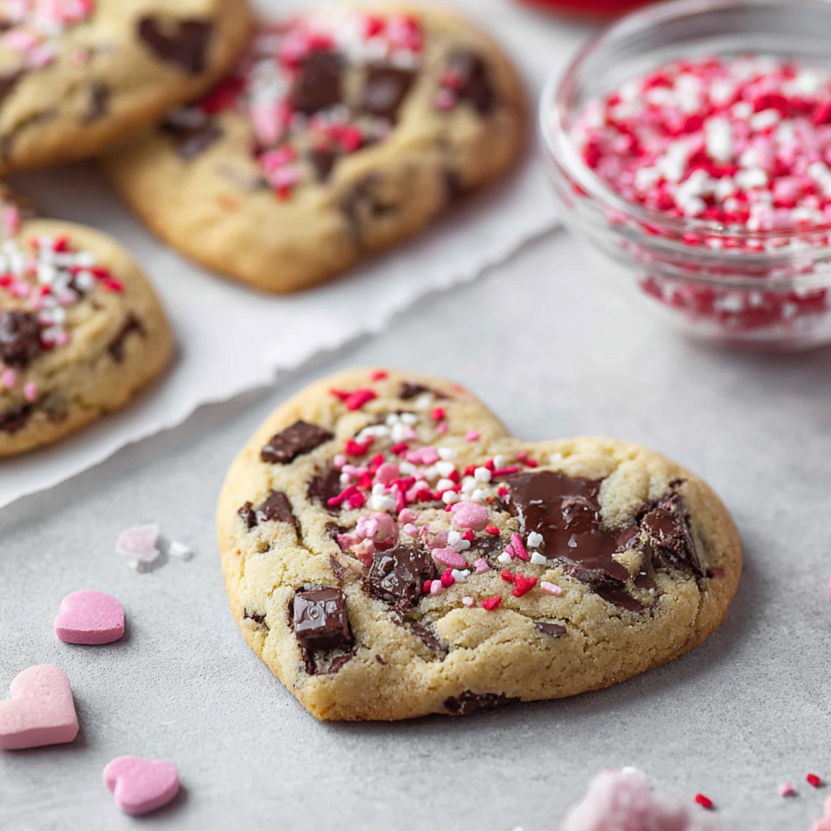 Angled close-up of a heart-shaped chocolate chunk cookie on parchment paper, topped with pink, red, and white Valentine sprinkles and generously studded with melted dark chocolate chunks. Pink and white heart-shaped candies are scattered on the gray surface in the foreground. A clear glass bowl of red and white sprinkles sits in the upper right, with additional heart-shaped cookies softly blurred in the background.