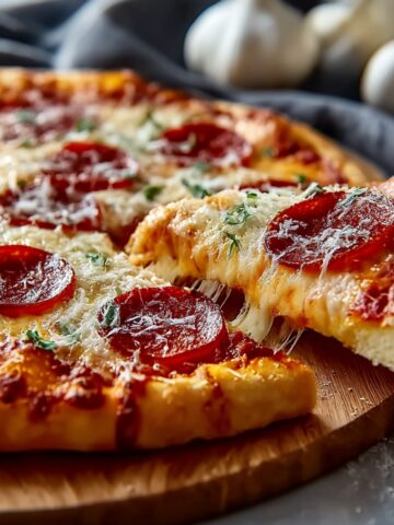 Hot honey pepperoni pizza on wooden board with one slice pulled away showing melted mozzarella cheese stretch, topped with glazed pepperoni, fresh basil, and grated Parmesan, golden crispy crust, dark kitchen towel and fresh mushrooms softly blurred in background