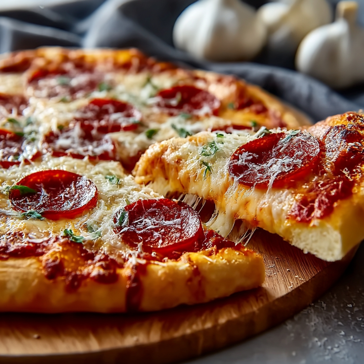 Hot honey pepperoni pizza on wooden board with one slice pulled away showing melted mozzarella cheese stretch, topped with glazed pepperoni, fresh basil, and grated Parmesan, golden crispy crust, dark kitchen towel and fresh mushrooms softly blurred in background
