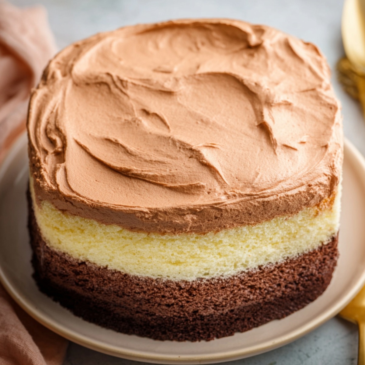 A high-angle, close-up shot of a round Italian Love Cake on a beige plate. The cake features three distinct, thick layers: a dark chocolate sponge base, a creamy pale-yellow ricotta cheese center, and a thick topping of light brown chocolate whipped frosting with visible swirl patterns. A soft pink cloth and a gold spoon are partially visible in the blurred background.